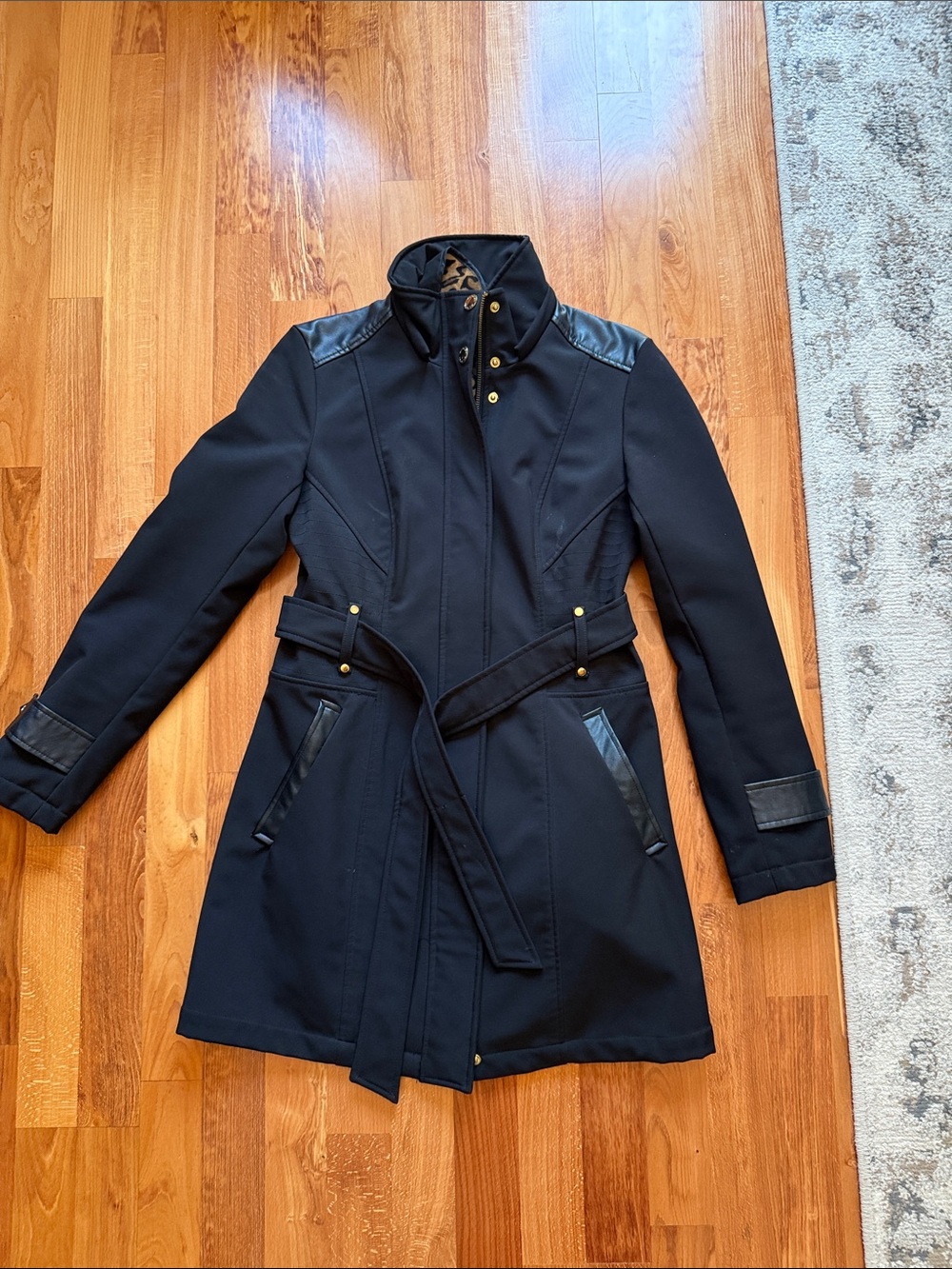 Via Spiga Black Trench Coat with Faux-Leather Trim